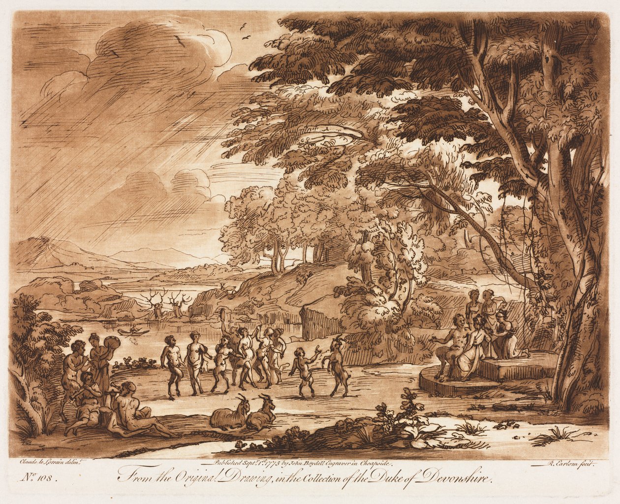 Liber Veritatis: No. 108, Paisagem com sátiros e ninfas dançando, 1775. de Richard Earlom