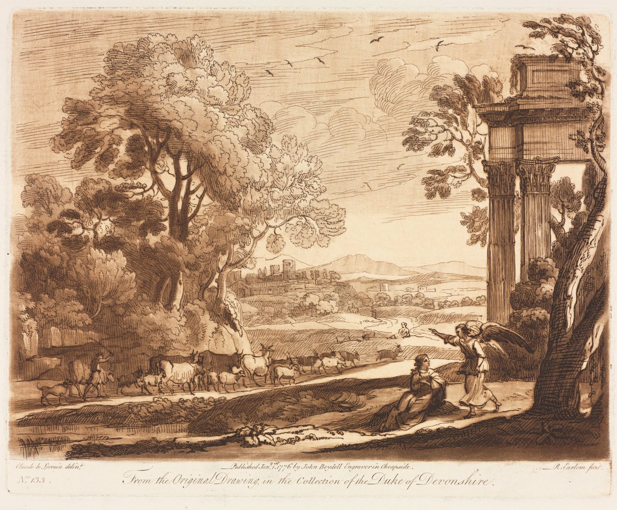 Liber Veritatis: No. 133, A Landscape, with Cattle, and the Angel Comforting Hagar, 1776. de Richard Earlom