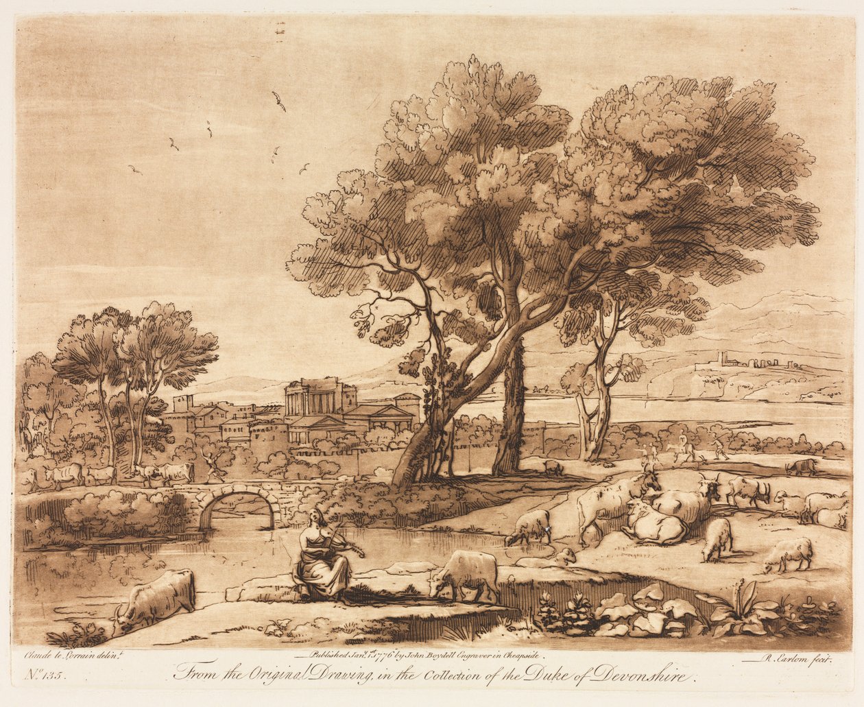 Liber Veritatis: No. 135, Uma Paisagem, com Edifícios, Mercúrio Roubando o Gado de Admetuss de Apolo de Richard Earlom