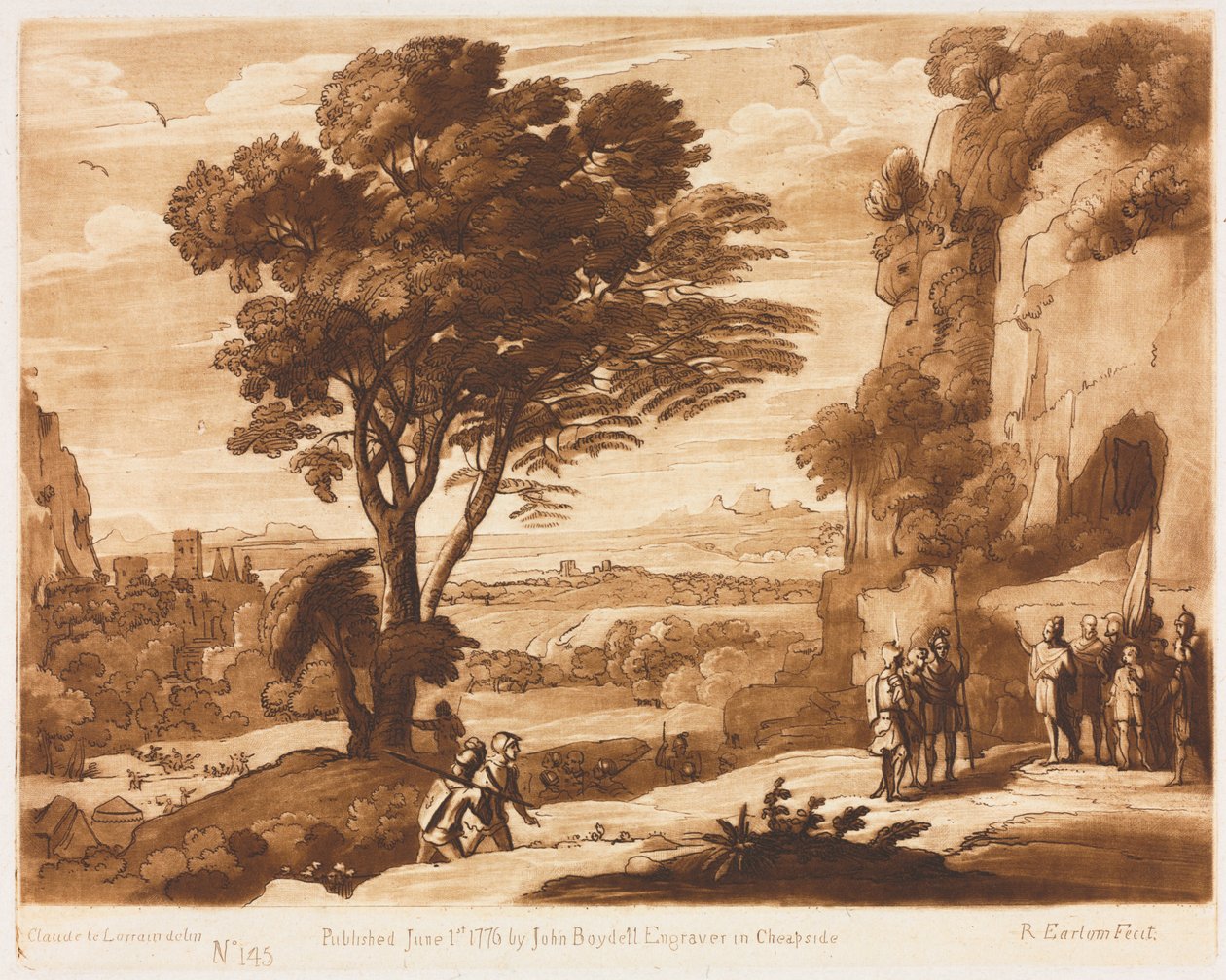 Liber Veritatis: No. 145, A Landscape, with Figures, Simon apresentado antes de Priam, 1776. de Richard Earlom