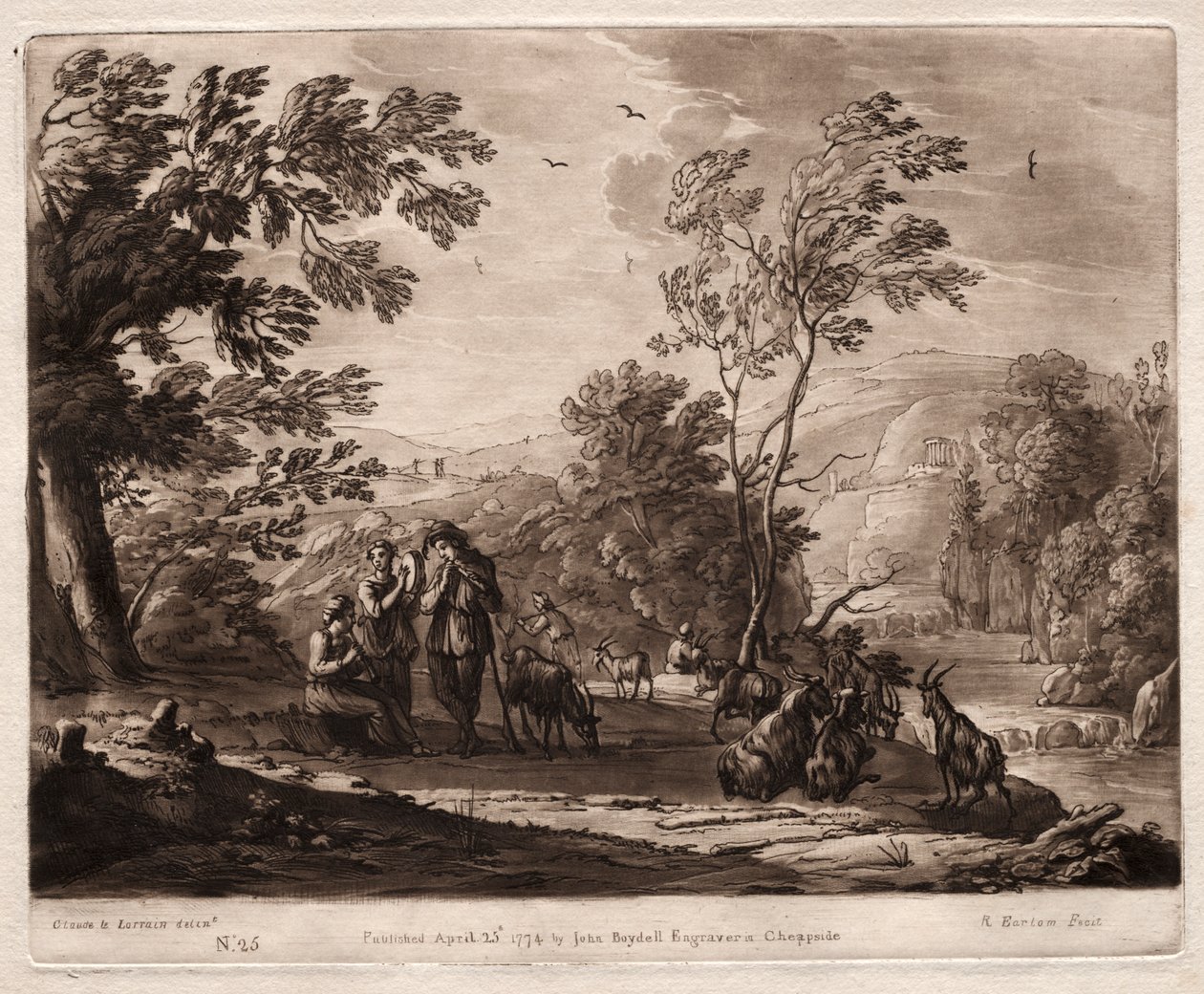 Liber Veritatis: No. 25, Uma paisagem montanhosa e arborizada com pastores brincando e cabras navegando de Richard Earlom
