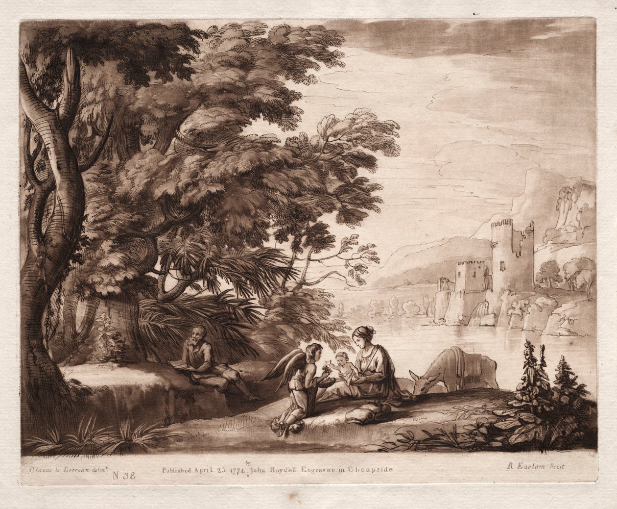 Liber Veritatis: No. 38, O repouso da Sagrada Família ao longo de um rio, 1774. de Richard Earlom