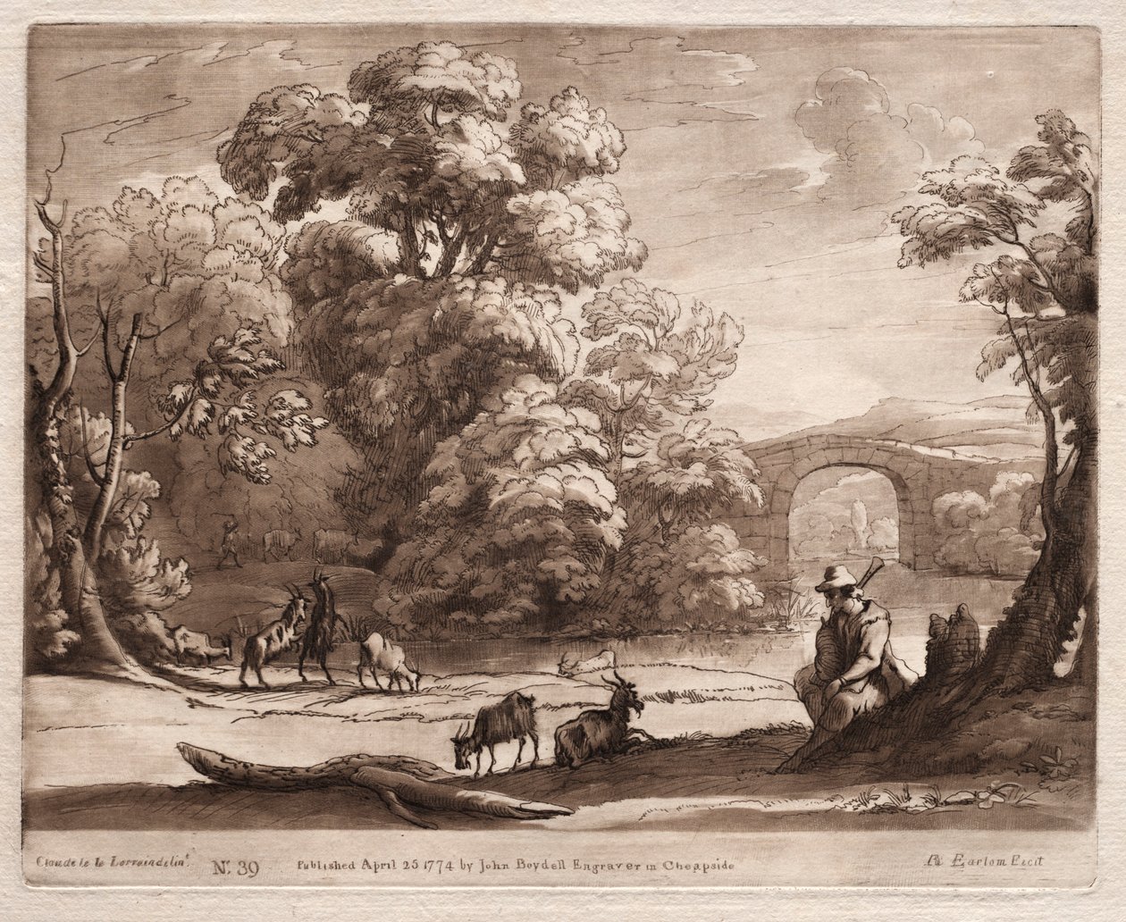 Liber Veritatis: No. 39, Paisagem com pastor tocando gaita de foles e navegação de cabras, 1774. de Richard Earlom