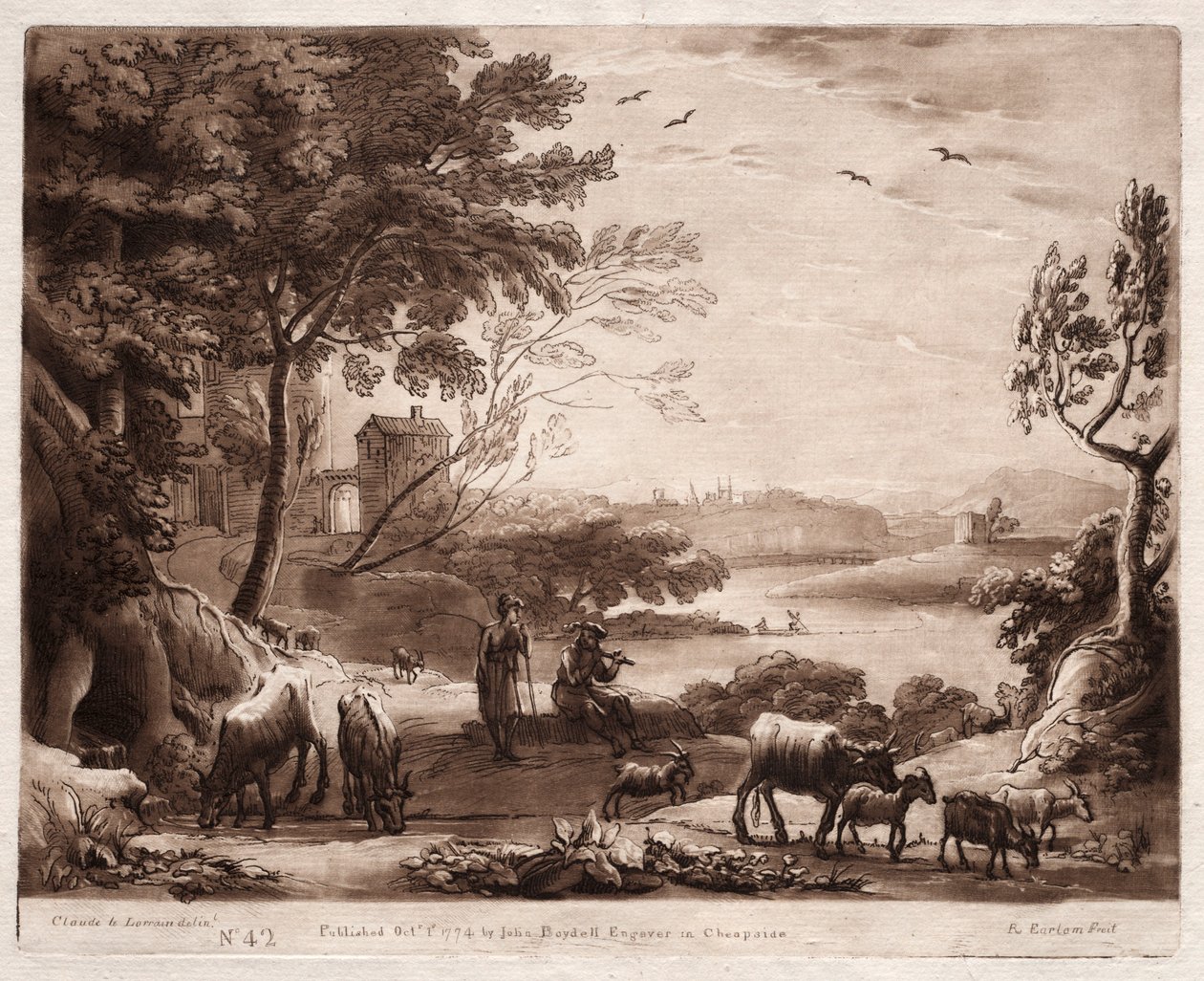 Liber Veritatis: No. 42, Paisagem do rio com pastor e pastora ..., 1774. de Richard Earlom