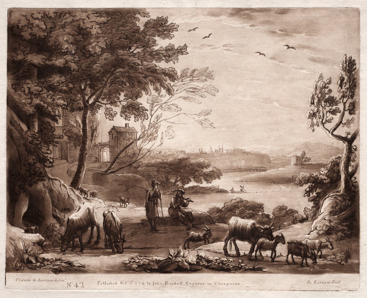 Liber Veritatis: No. 42, Uma paisagem fluvial com um pastor e uma pastora e um rebanho de gado de Richard Earlom