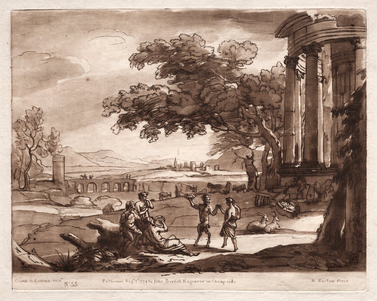 Liber Veritatis: No. 55, Uma paisagem com um templo e uma ninfa e dança de sátiro de Richard Earlom