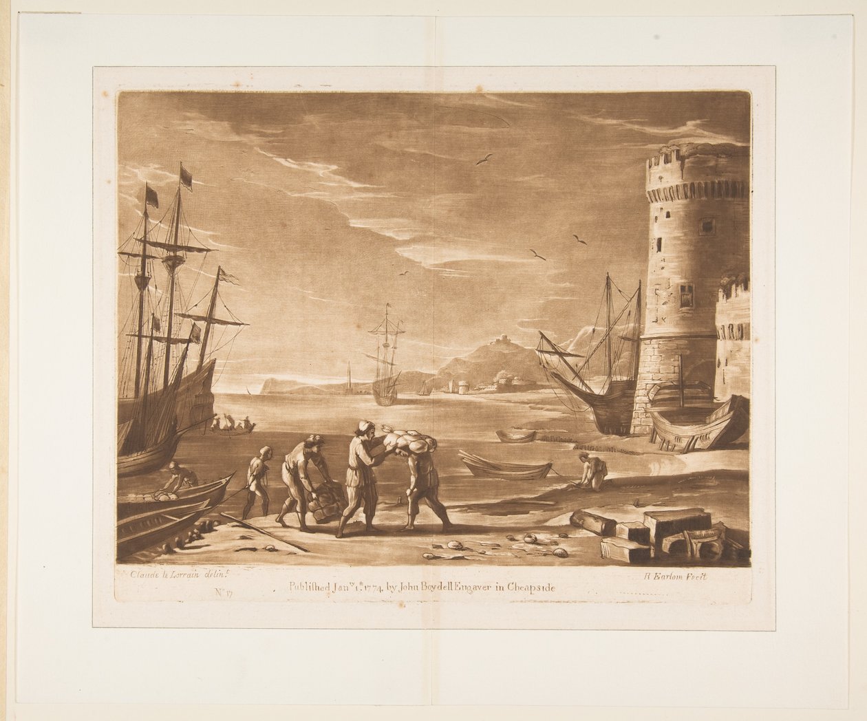 Porto com marinheiros carregando mercadorias, 1774. de Richard Earlom