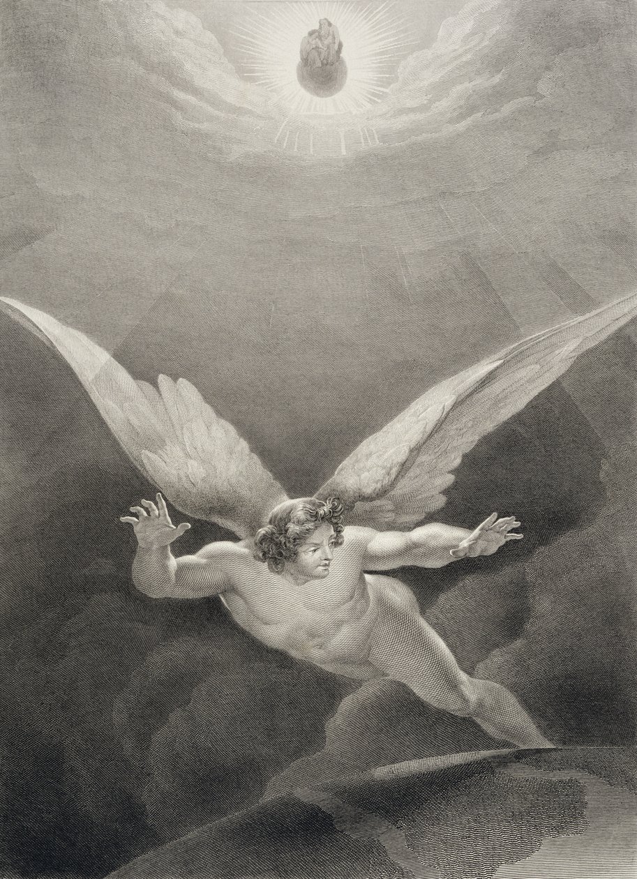 Satanás pula sobre as paredes do céu, de uma edição francesa de &39;Paradise Lost&39;, de John Milton (1608-74), gravada por Nyon, publicada em 1868 de Richard Edmond Flatters