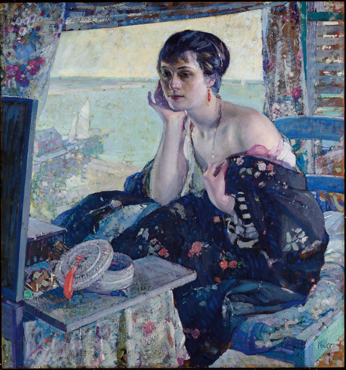 Mulher perto de uma janela (óleo no painel) de Richard Emil Miller