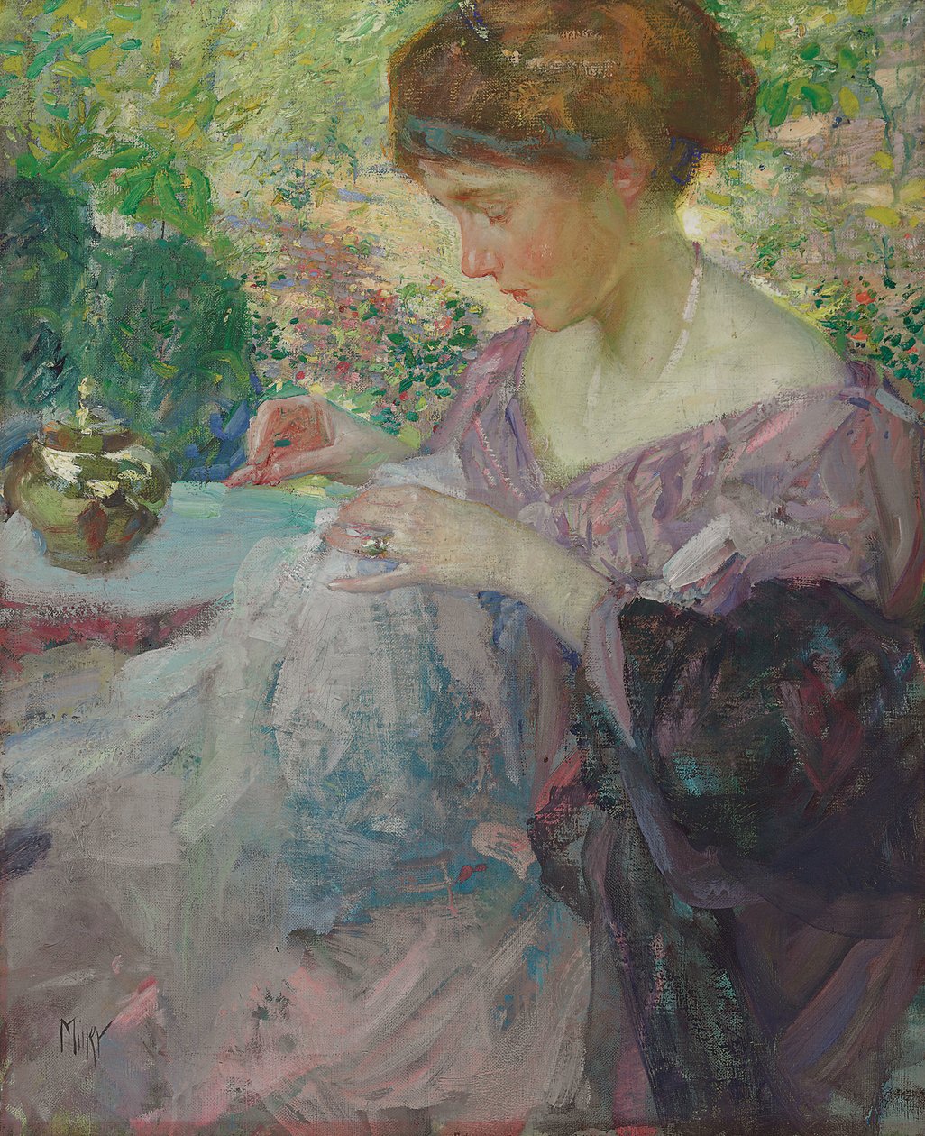 Mulher jovem costurando (óleo sobre tela) de Richard Emil Miller