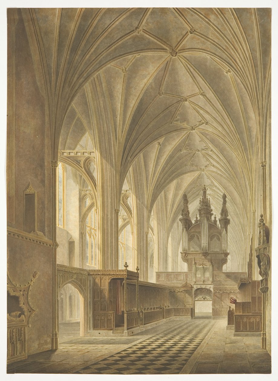 O Coro da Catedral de Bristol, Looking West (aquatint colorido à mão) de Richard G. Reeve
