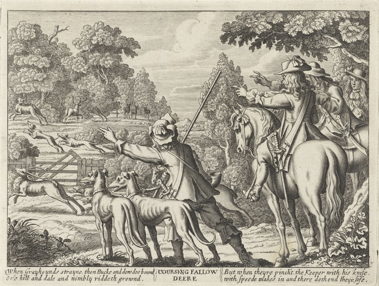 Porta de Herten nagejaagd jachthonden
Coursing Fallow Deere (título sobre o objecto)
Jachtpartijen (título da série)
Severall Wayes of Hunting, Hawking, and Fishing, De acordo com o English Manner (título da série) de Richard Gaywood (possibly)