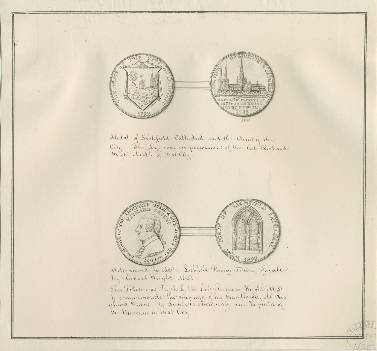 Lichfield - Medalhas da Catedral de Lichfield e das Armas da Cidade, e um retrato de Richard Greene: desenho a caneta, sd [início do século 19] (desenho) de Richard Greene