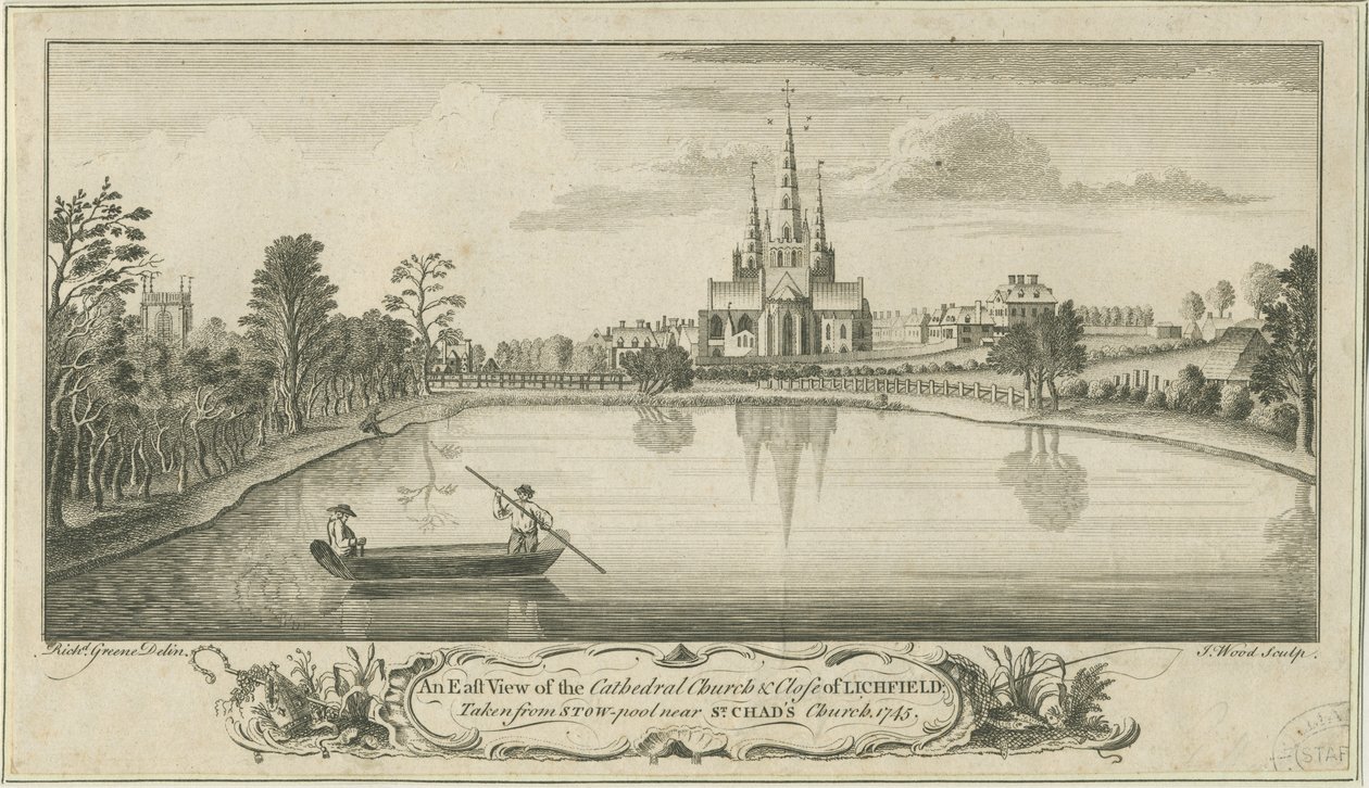 Catedral de Lichfield e Close - Vista Leste: gravura em placa de cobre de Richard Greene