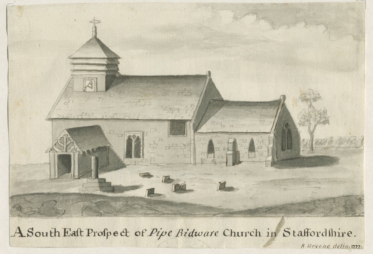 Igreja Pipe Ridware: pintura sépia, 1777 de Richard Greene