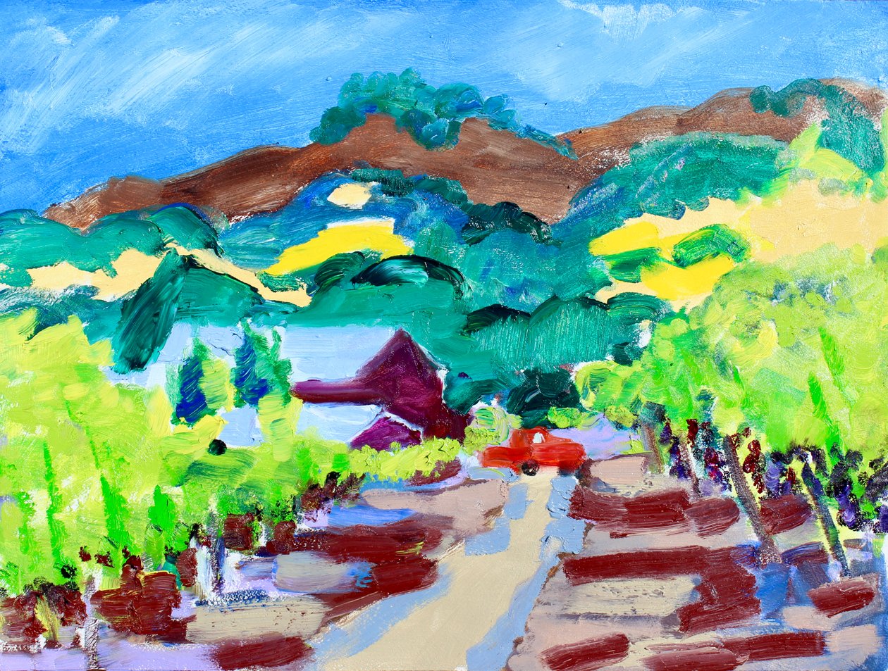 Camião Vermelho numa Vinha, Califórnia, 2021 (óleo sobre tela) de Richard H. Fox