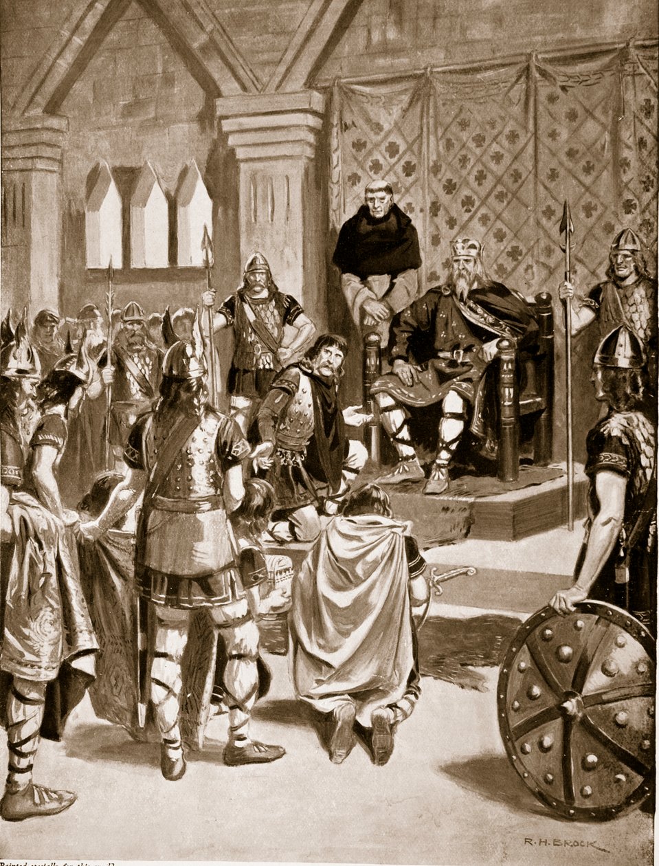 Troféus de Carlos Magno apresentados a Offa da Mércia, 786 aC, ilustração da "História da Nação Britânica" de Hutchinson, c.1920 de Richard Henry Brock