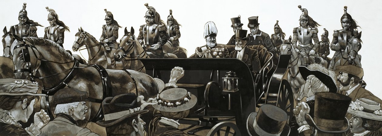 As multidões aplaudiram quando o Rei Eduardo passou de carro em Paris de Richard Hook