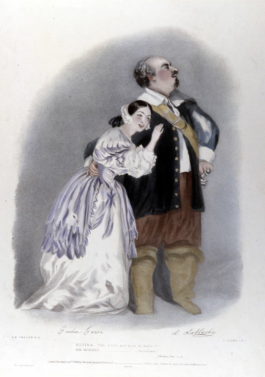 Giulia Grisi e Luigi Lablache no 3º ato de "Os Puritanos" (I puiritani) de Vincenzo Bellini. Litografia de R. J. Lane. 1835 de Richard James Lane