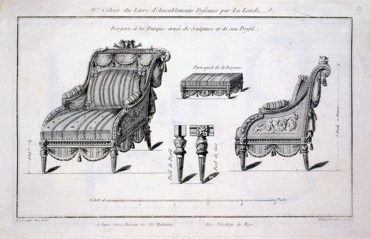 Poltrona bergere em estilo turco, de várias obras de Lalonde, decorador e desenhista, publicada em 1780-96 de Richard Lalonde