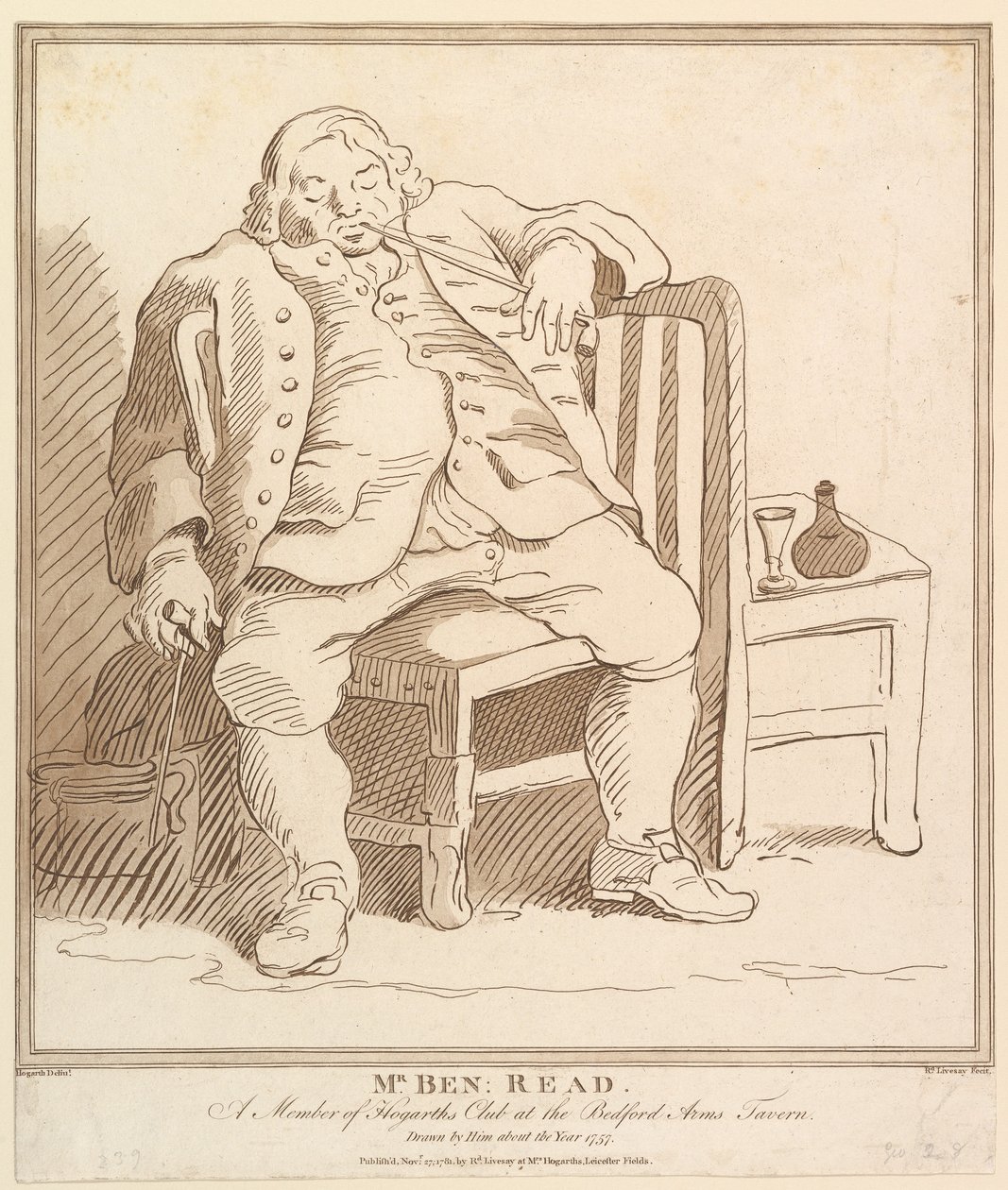 Sr. Ben: Leia, Membro do Hogarths Club na Bedford Arms Tavern, Drawn b ..., 27 de novembro de 1781. de Richard Livesay