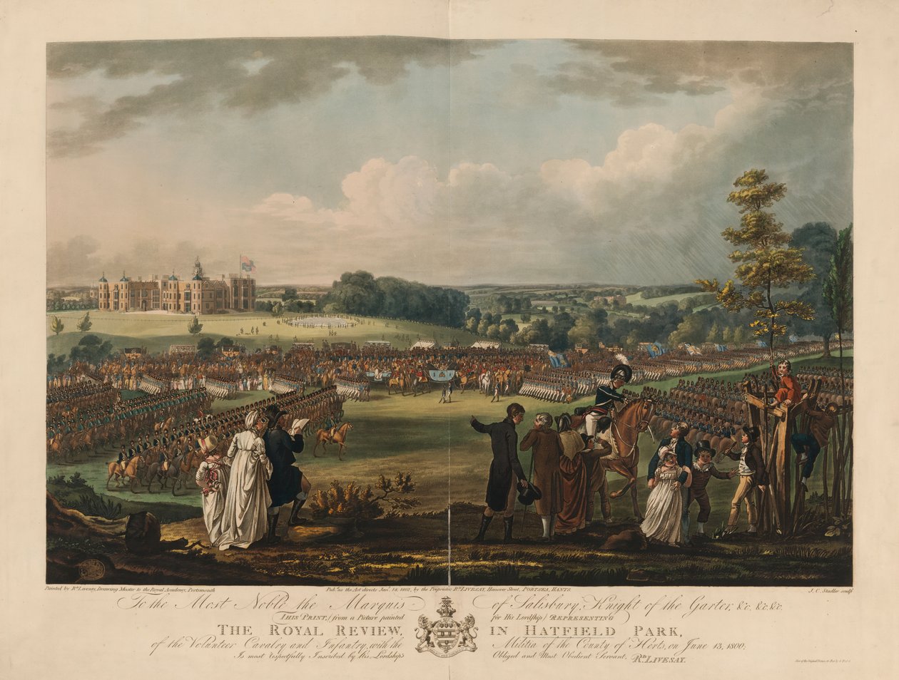 A Revisão Real em Hatfield Park da Cavalaria e Infantaria Voluntária, com a Milícia do Condado de Herts, em 13 de Junho de 1800, gravada por Joseph C. Stadler (fl.1780-1812) de Richard Livesay