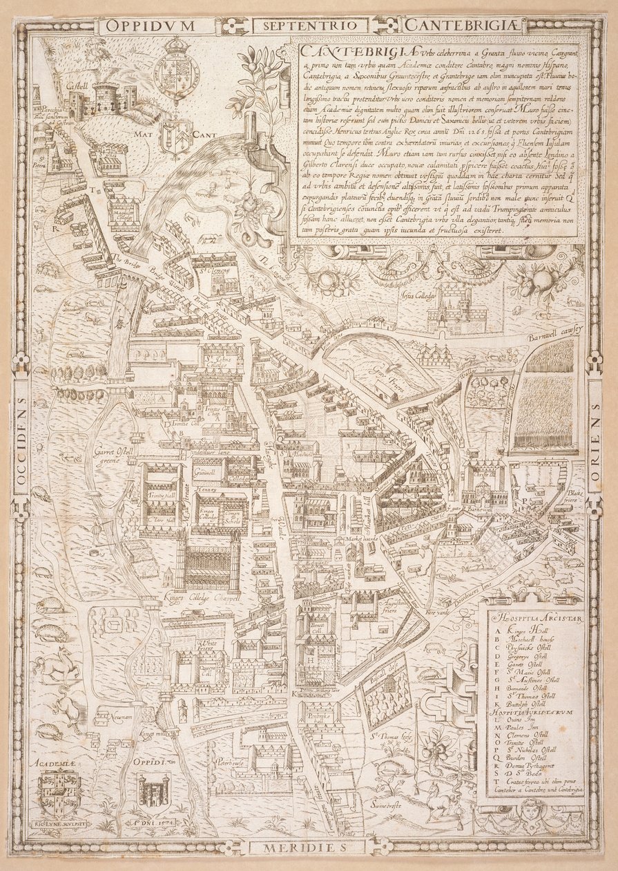 Mapa de Cambridge, de Caius &39;Historia Cantabrigensis Academia&39;, 1574 de Richard Lyne