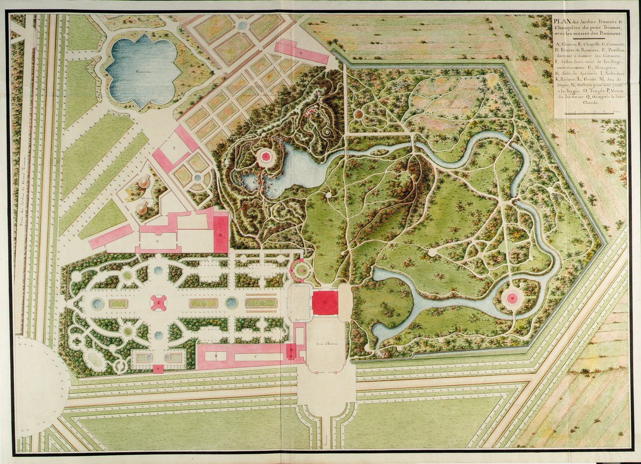 Planta dos jardins franceses e campestres de Petit-Trianon com as massas do edifício, da Coleção de plantas do Petit Trianon por Richard Mique de Richard Mique