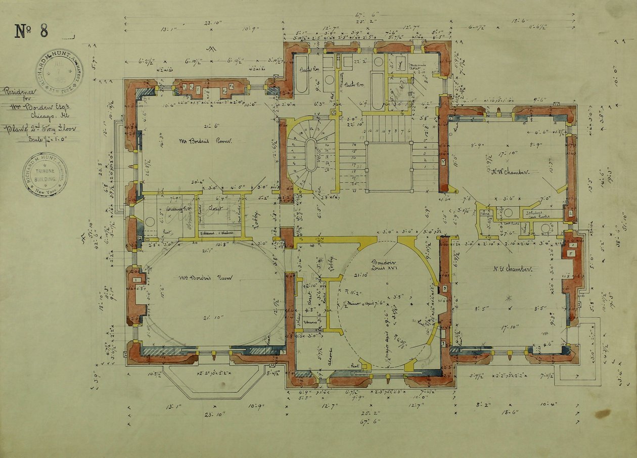 Residência de William Borden, Chicago, Illinois, planta do segundo andar de Richard Morris Hunt