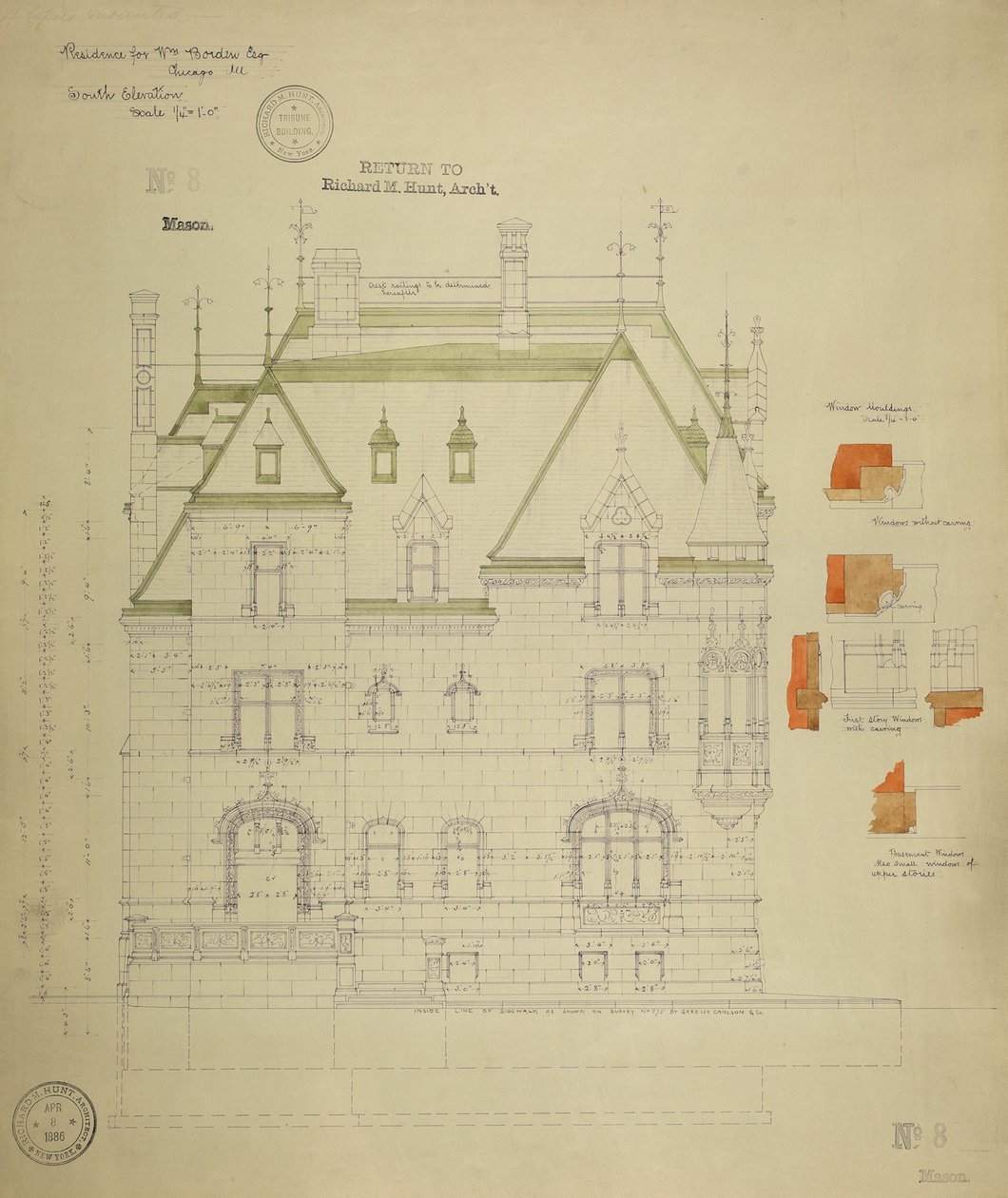 Residência William Borden, Chicago, Illinois, South Elevation de Richard Morris Hunt