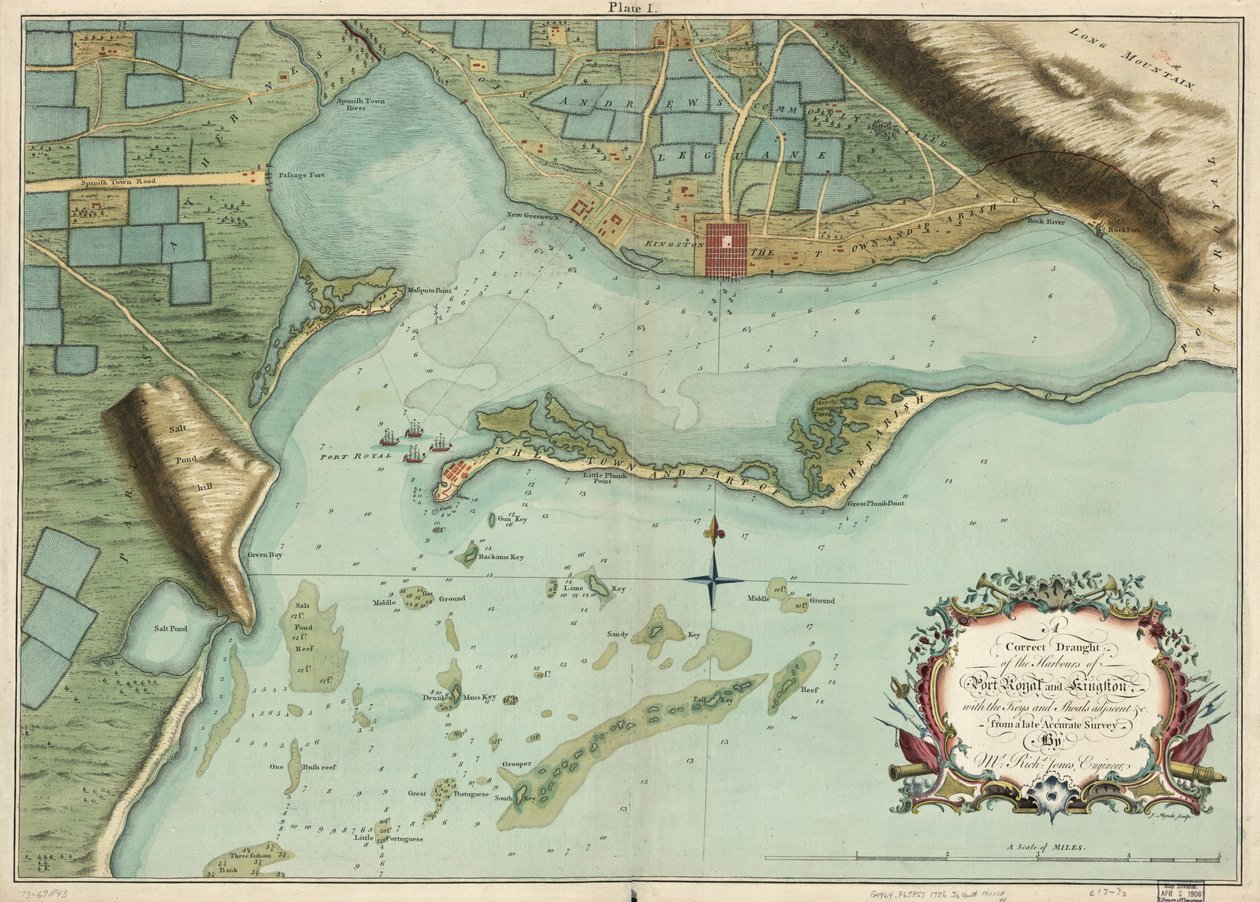 Um calado correto dos portos de Port Royal e Kingston, com as chaves e os cardumes adjacentes etc. de uma pesquisa tardia e precisa, feita pelo Sr. Richd Jones, engenheiro. de Richard; Mynde Jones