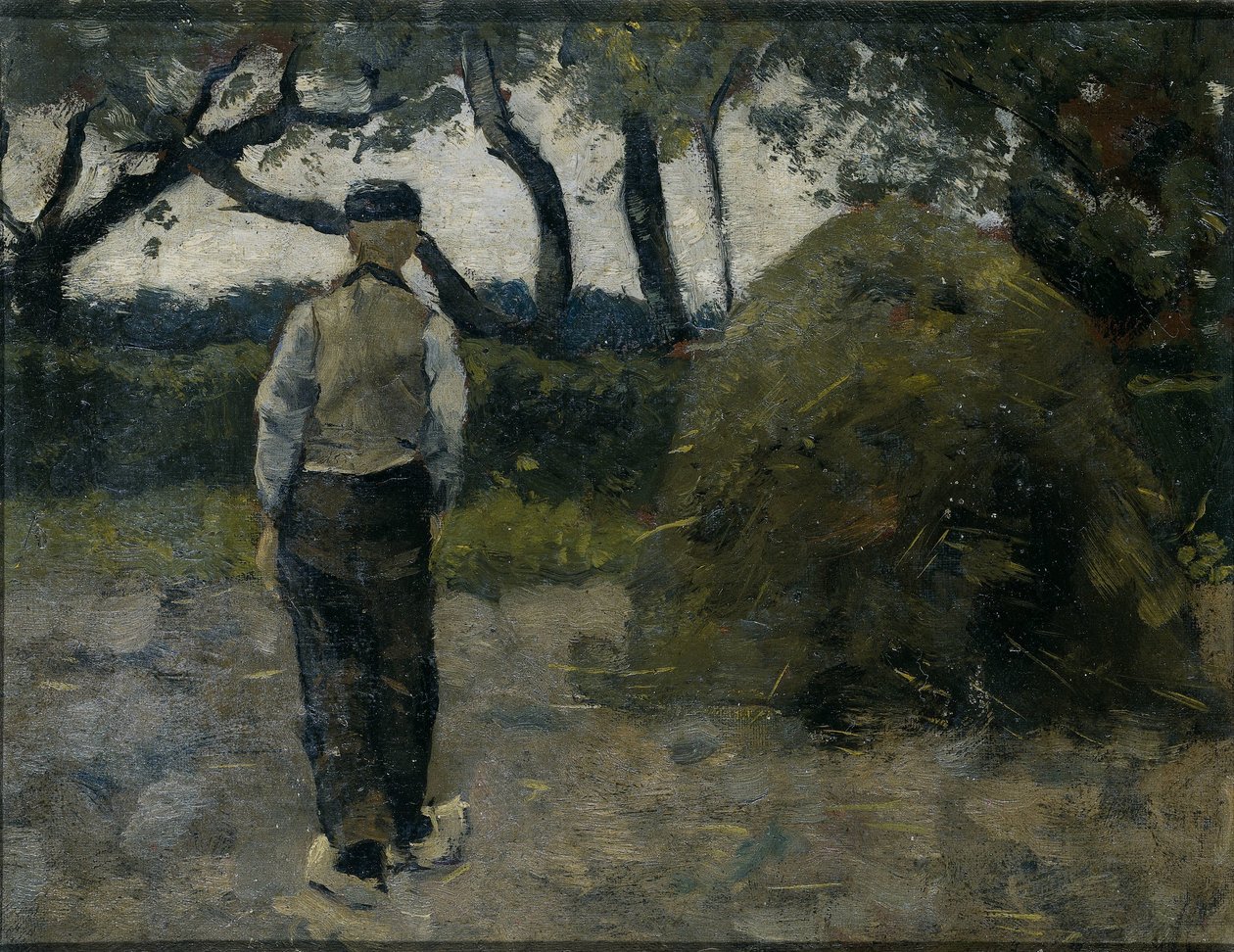 Um Agricultor de pé perto de um palheiro de feno de Richard Nicolaüs Roland Holst