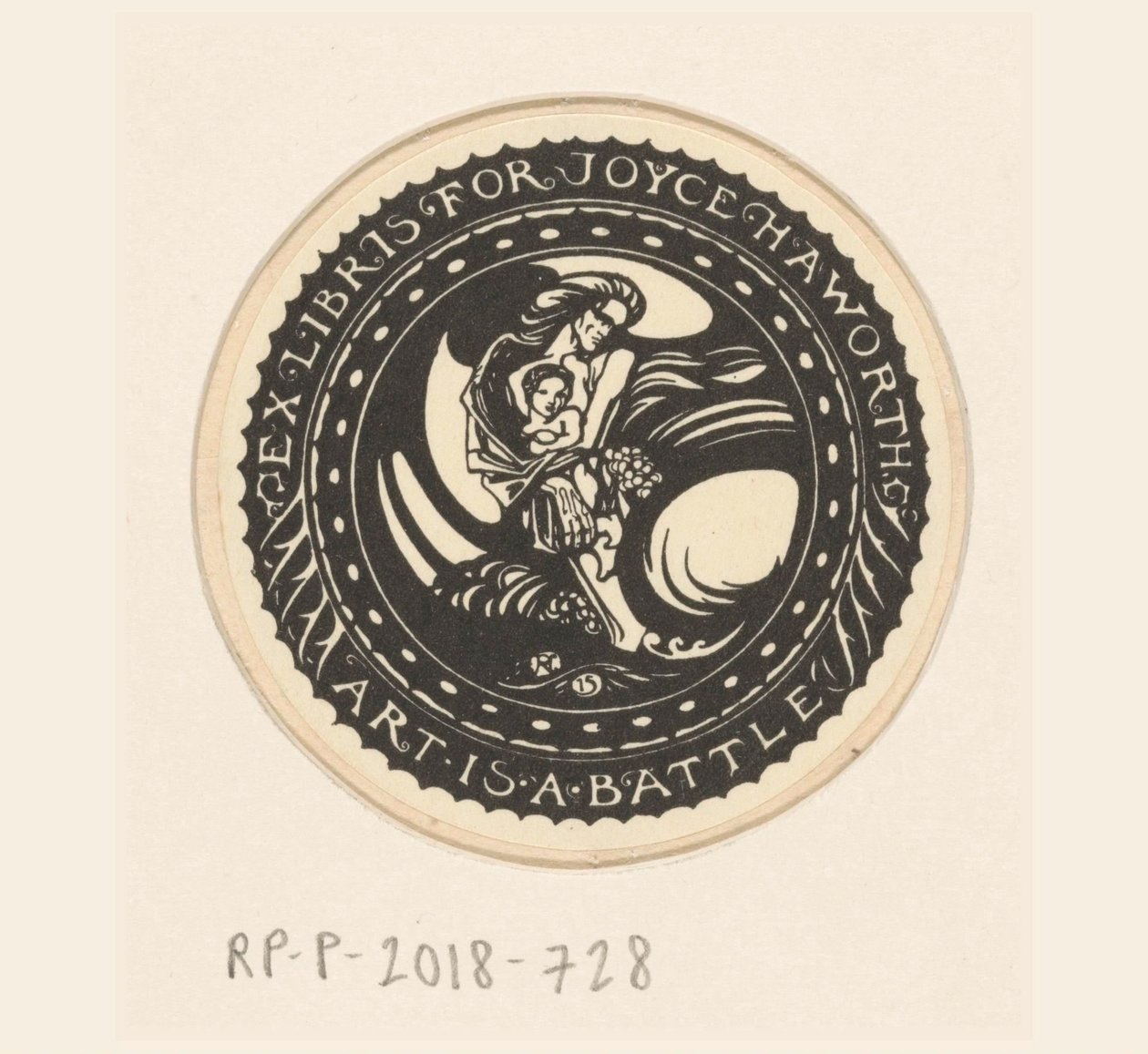 Ex-libris de Joyce Haworth A arte é uma batalha (título no objeto) de Richard Nicolaüs Roland Holst