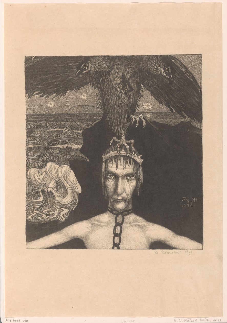 Homem acorrentado com ave de rapina de três cabeças na cabeça Anangke (Destino) (título original) de Richard Nicolaüs Roland Holst