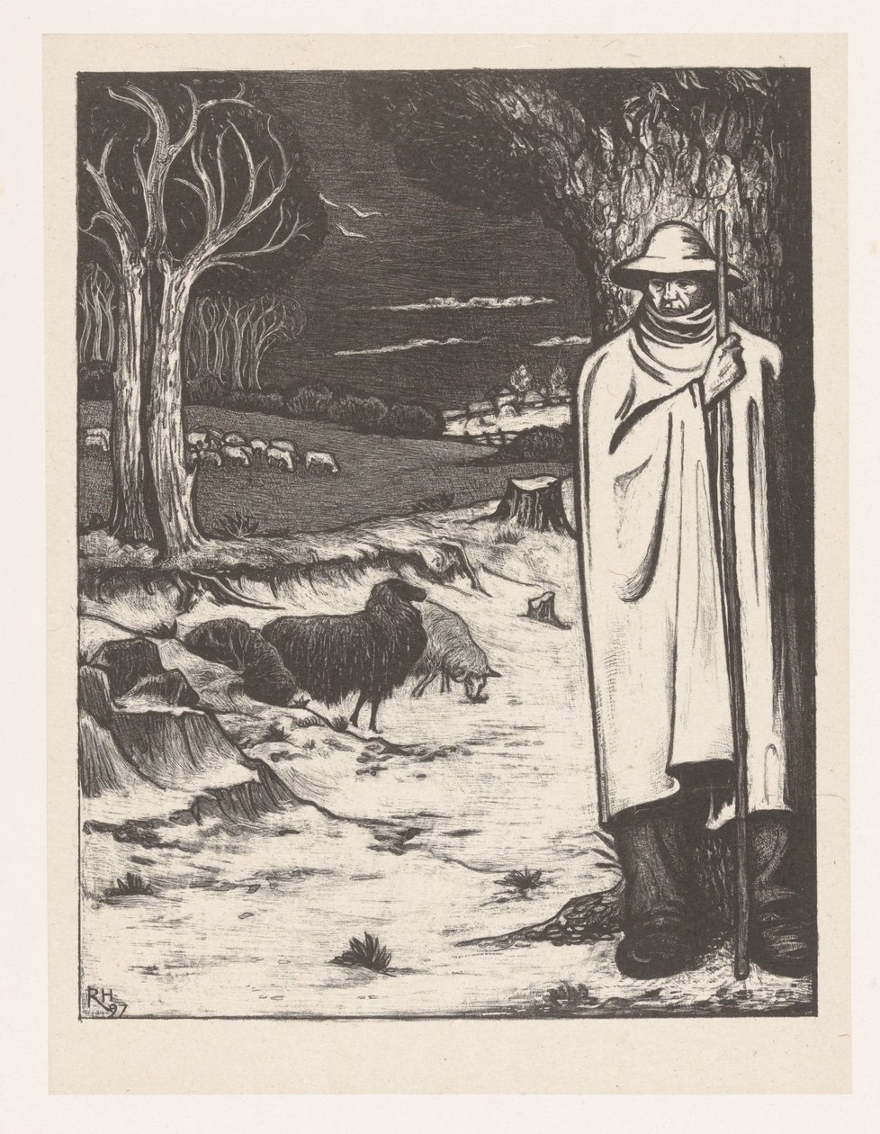 Pastor com um rebanho de ovelhas em uma paisagem montanhosa de Richard Nicolaüs Roland Holst