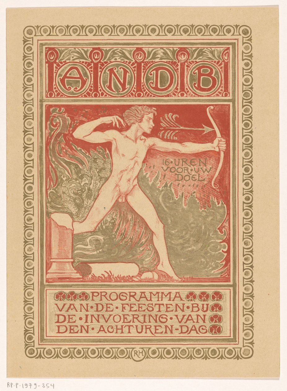 Design de capa para: Programa do Partido do Sindicato Geral dos Trabalhadores de Diamantes da Holanda sobre a introdução da jornada de oito horas Programa das comemorações da introdução do dia das oito horas (título no objeto) de Richard Nicolaüs Roland Holst