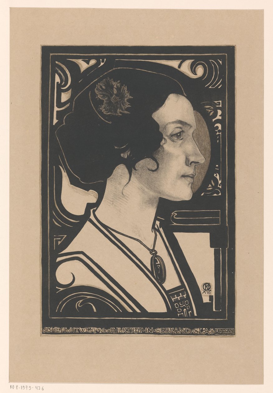 Retrato de uma mulher desconhecida
Desenho de esboço para retrato em vidro manchado (título no objecto) de Richard Nicolaüs Roland Holst