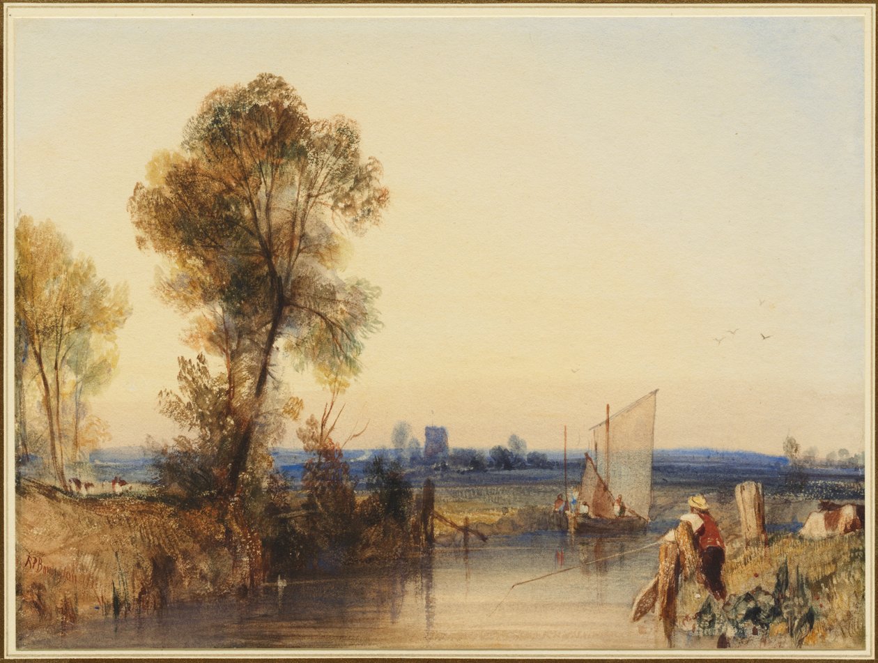 Um pescador nas margens de um rio, uma torre de igreja ao longe de Richard Parkes Bonington
