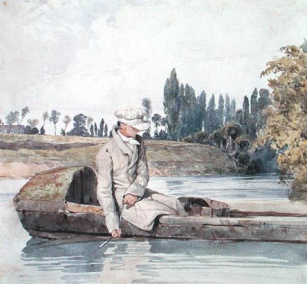 A Man Fishing from a Boat on a River (aguarela sobre papel) de Richard Parkes Bonington