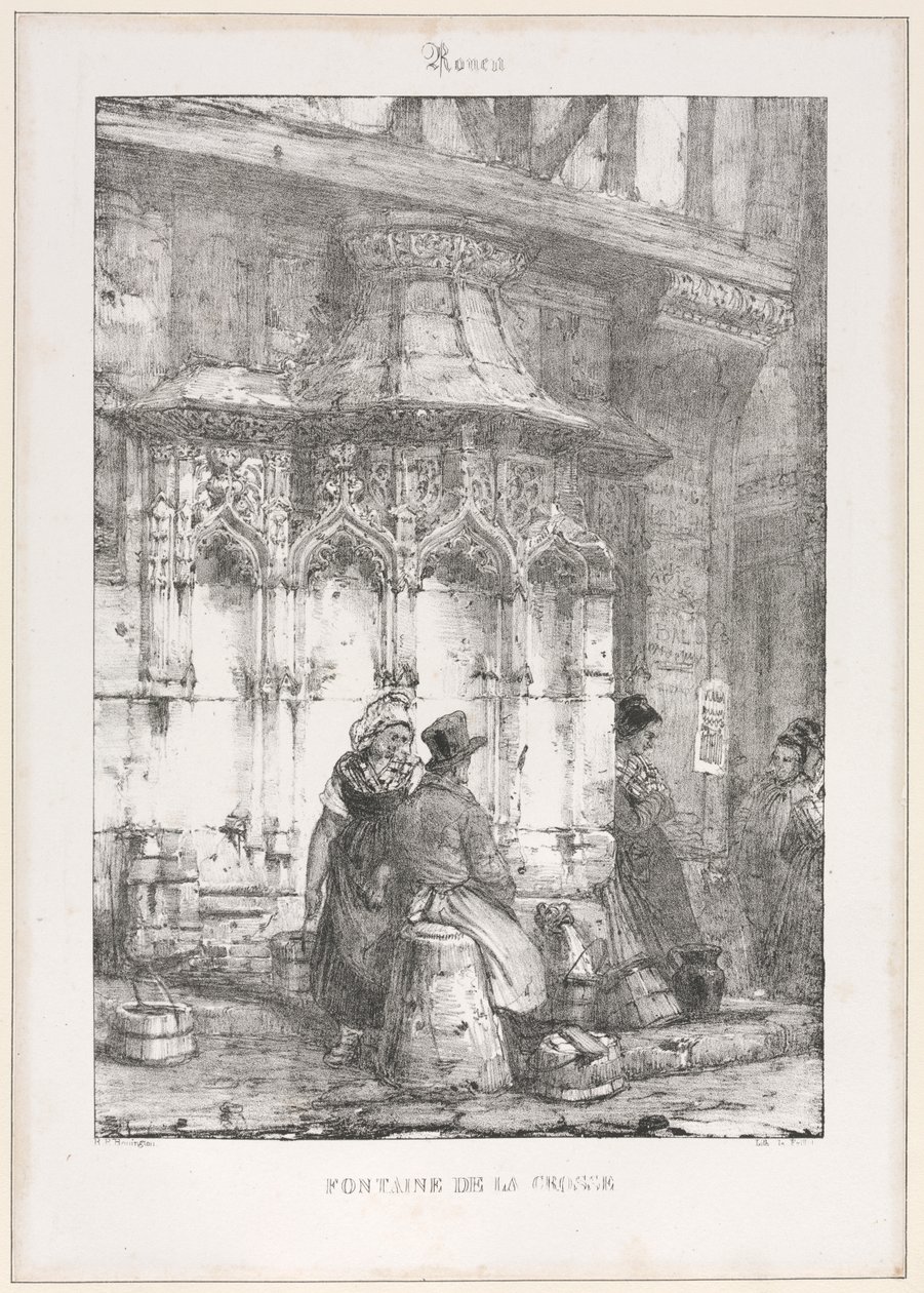 Restos e fragmentos arquitetônicos: Rouen - Fonte La Crosse de Richard Parkes Bonington