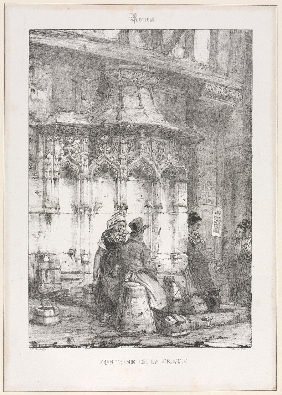 Restos e fragmentos arquitetônicos: Rouen - Fontaine de la Crosse, 1827. de Richard Parkes Bonington