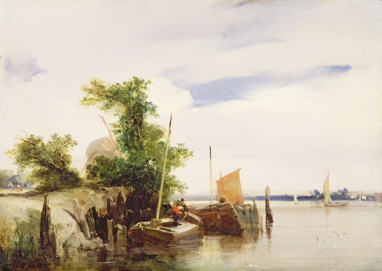 Barcaças em um rio, c.1825-26 (óleo na placa) (assinado) de Richard Parkes Bonington