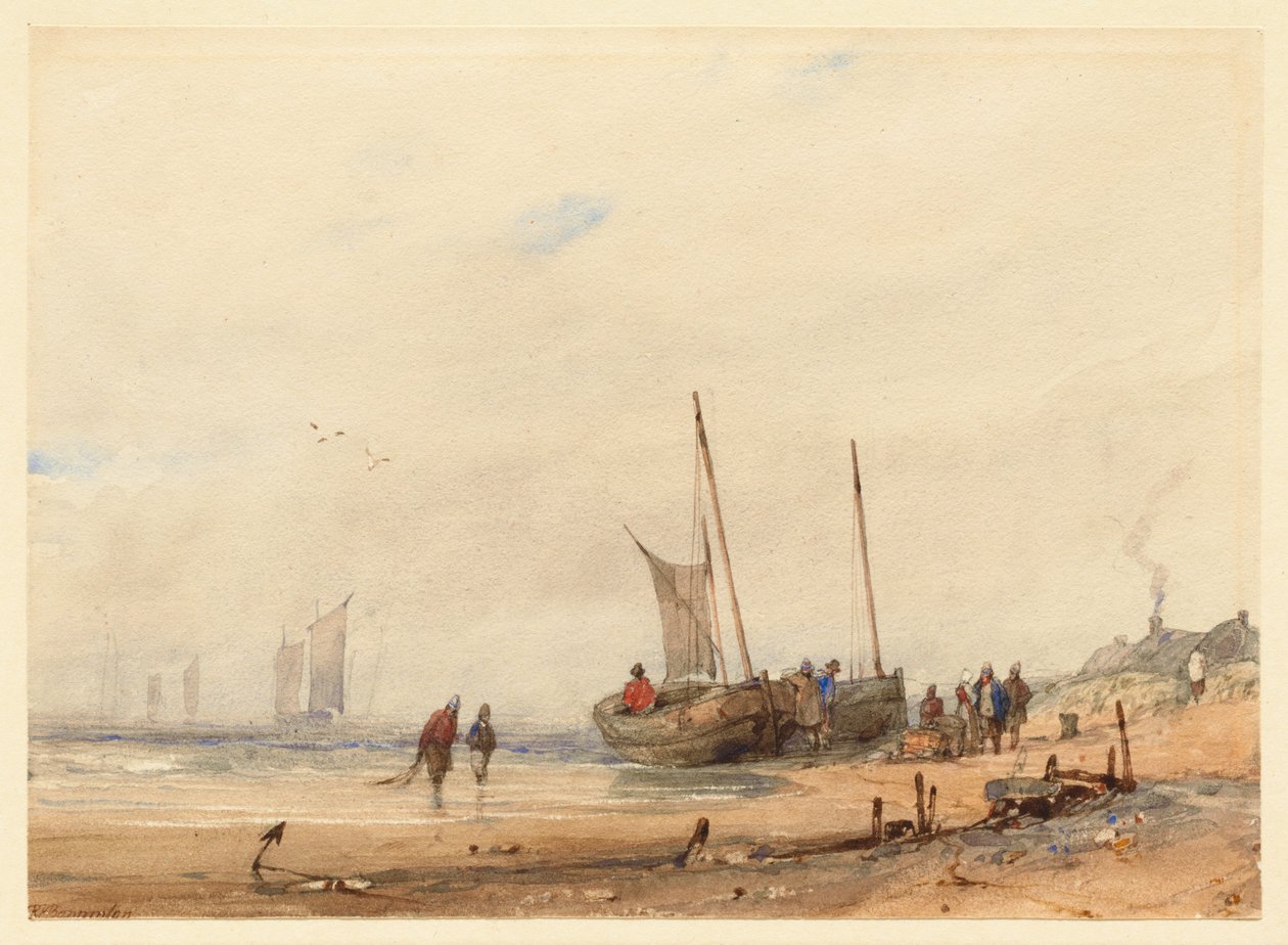 Costa com barcos encalhados e figuras de Richard Parkes Bonington