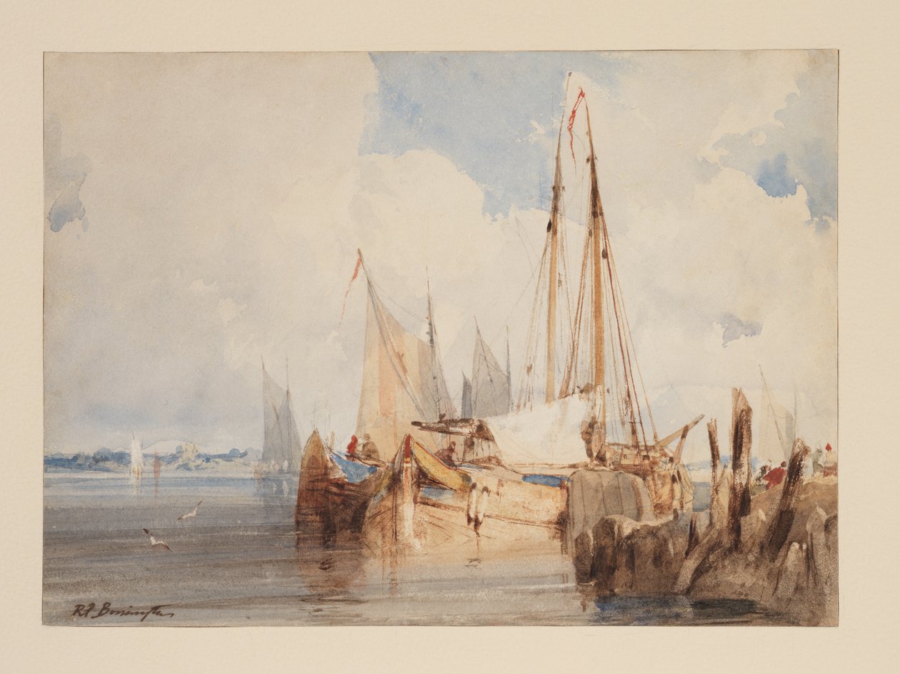 Barcos de Pesca atracados num Estuário, c.1825 (aguarela sobre papel) de Richard Parkes Bonington