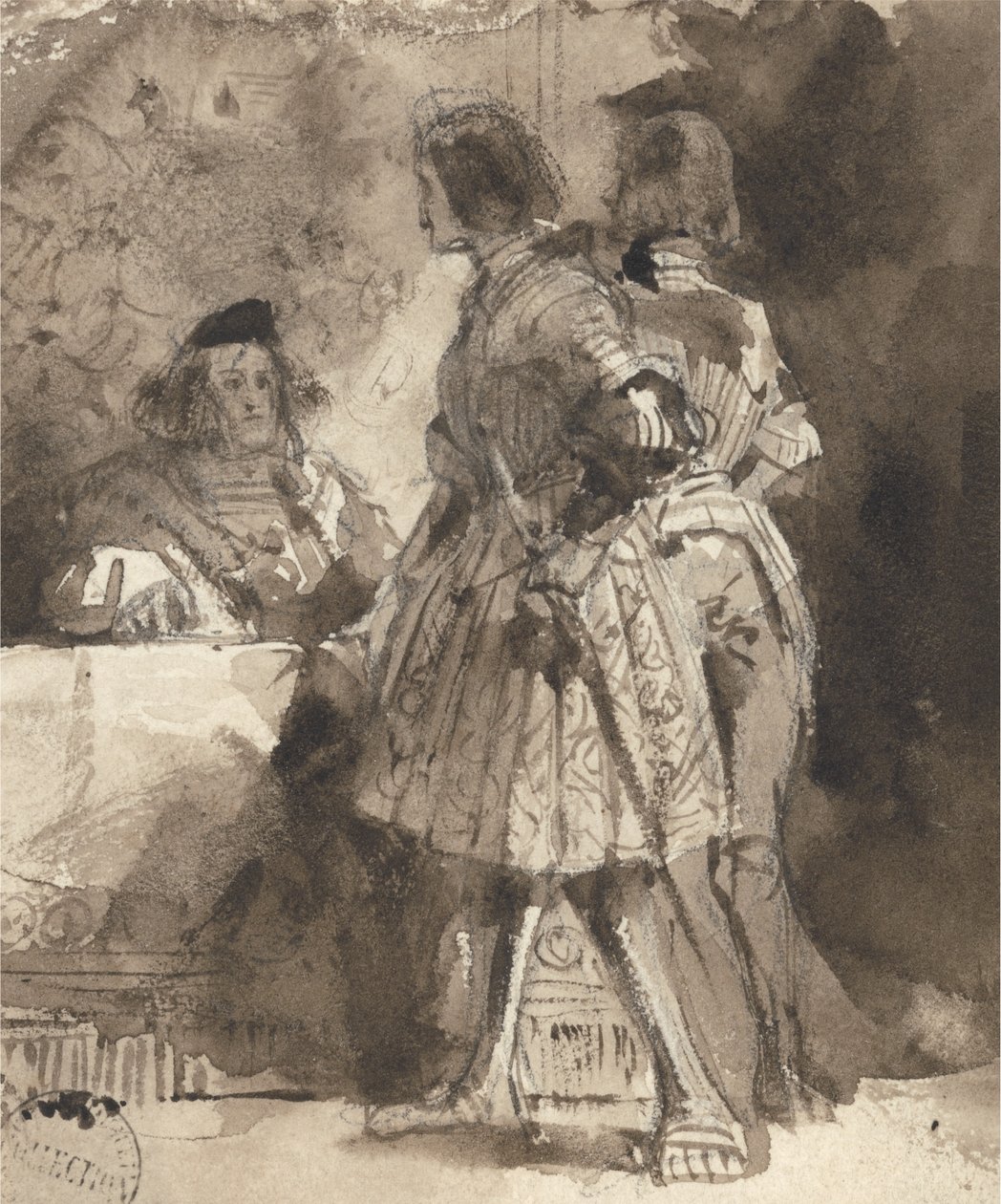 Goetz von Berlichingen perante o Magistrado Imperial, c.1826 (lavagem marrom e tinta sobre grafite no papel) de Richard Parkes Bonington