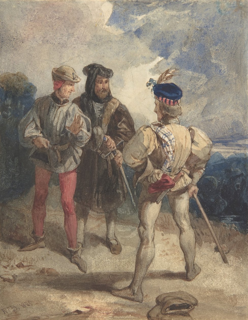 Quentin Durward and the Disguised Louis XI reto, Estudo do verso da figura masculina, 1825 ou 1826. de Richard Parkes Bonington