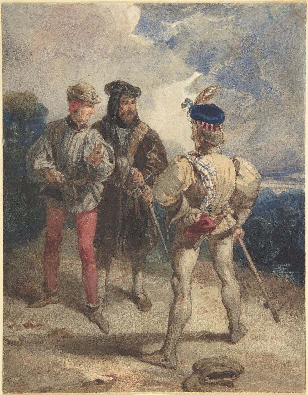 Quentin Durward e Luís XI disfarçado (recto); Estudo de figura masculina (verso) de Richard Parkes Bonington