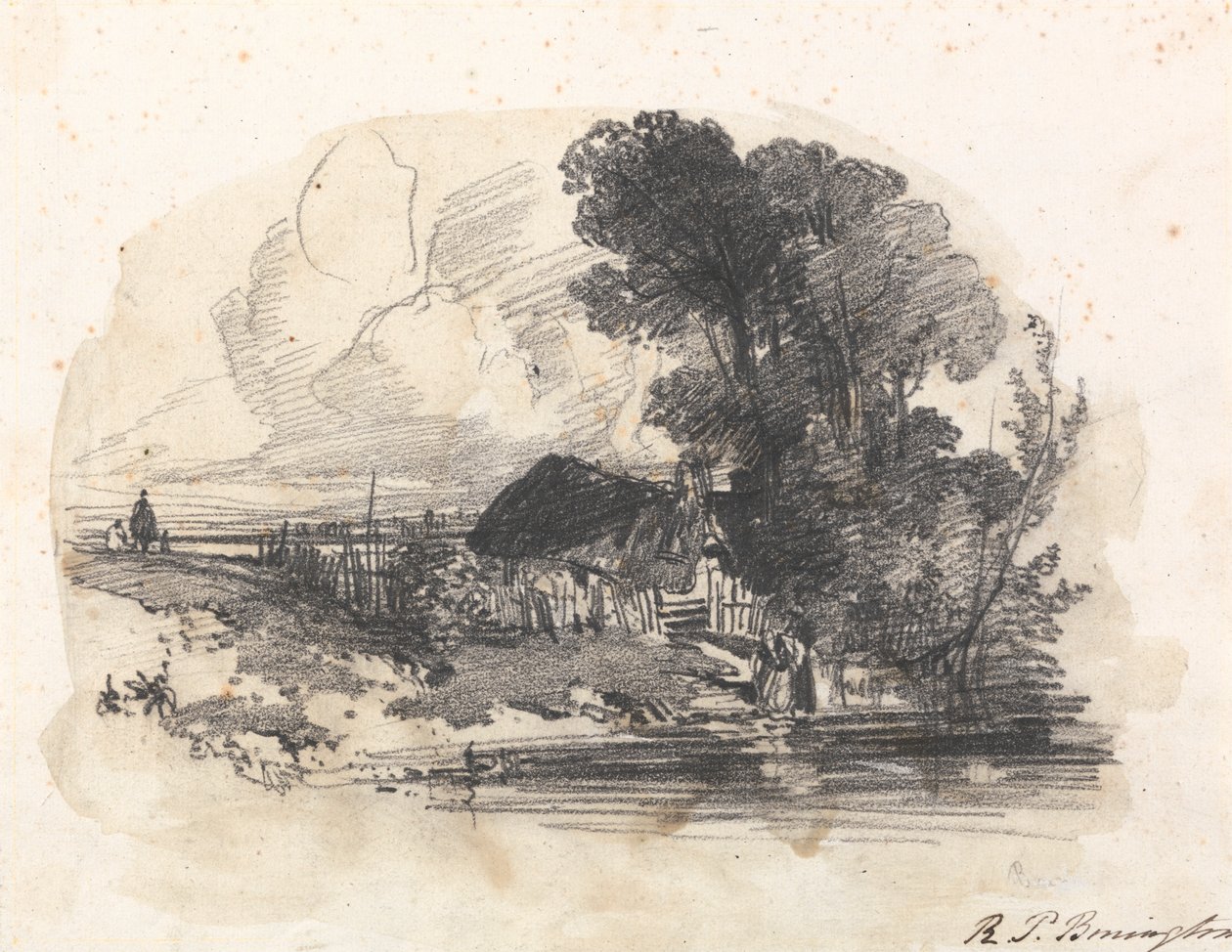 Árvores e uma casa de campo junto a um rio de Richard Parkes Bonington