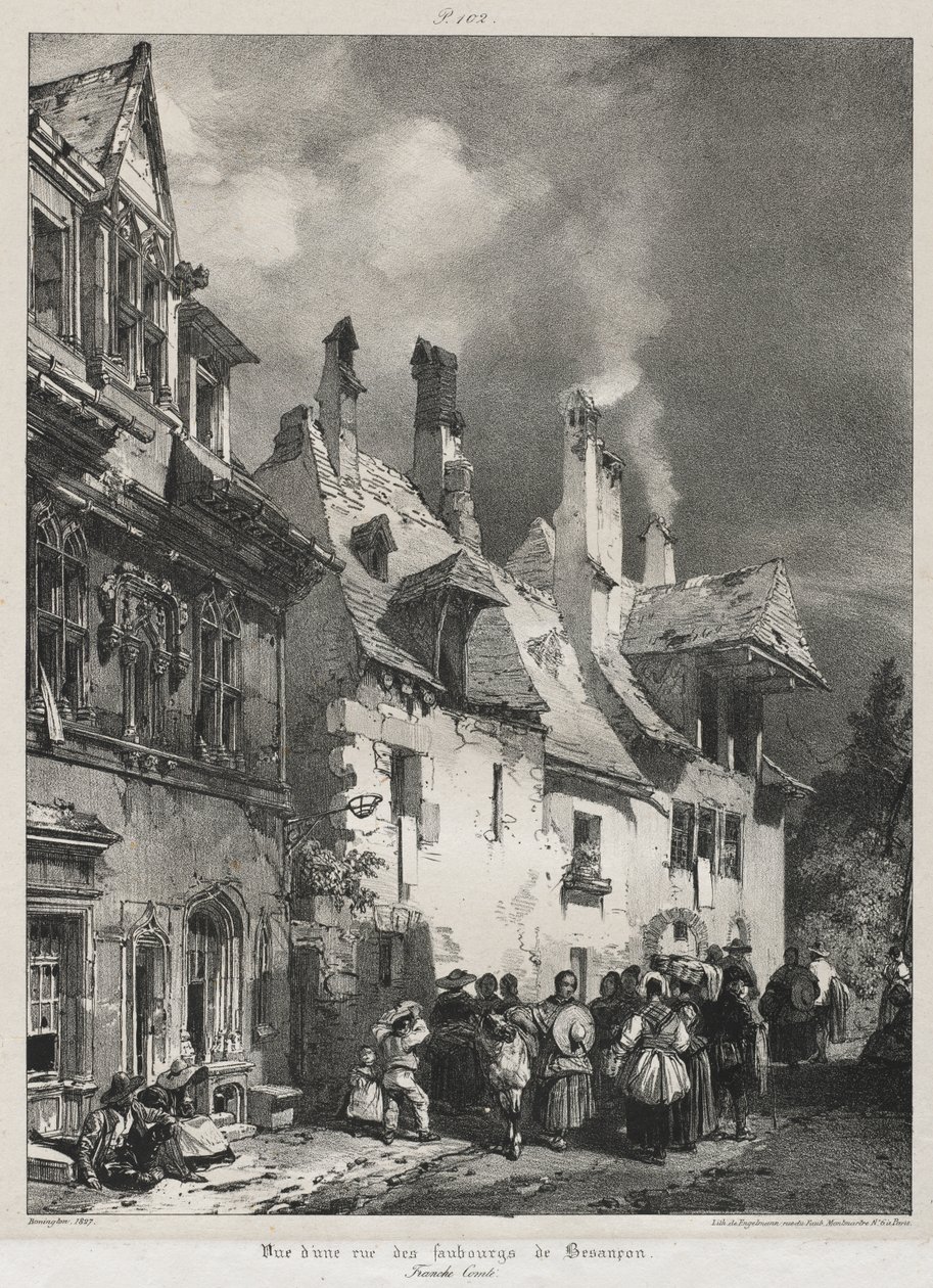 Viagens pitorescas e românticas na França antiga, Franche-Comté: vista de uma rua nos subúrbios de Besançon de Richard Parkes Bonington