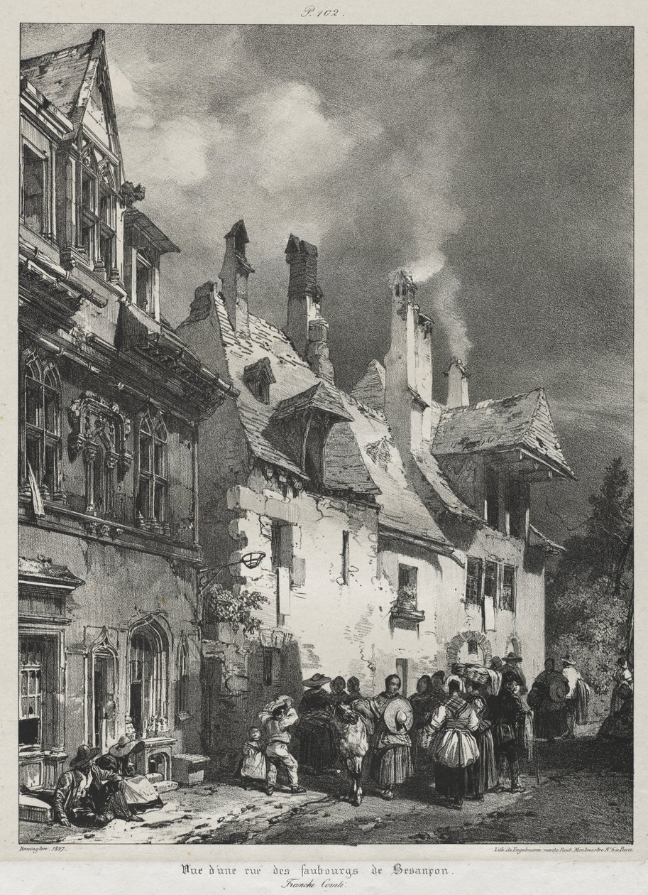Viagens pitorescas e românticas na França antiga, Franche-Comté: vista de uma rua nos subúrbios de Besançon de Richard Parkes Bonington